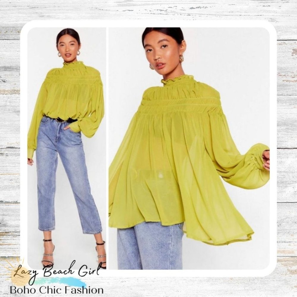 Chiffon Shirred High Neck Swing Blouse